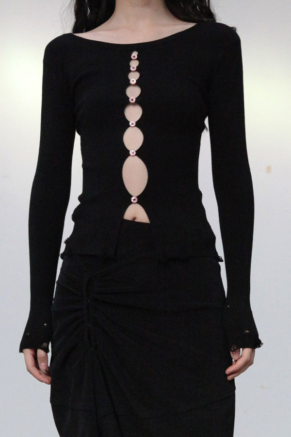 Rui Zhou hollow long-sleeved top series RUI-RAW23KN15-HEI black